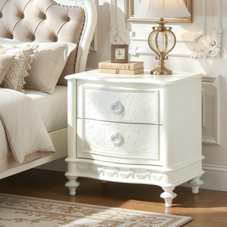 Sunvega Ivory Nightstand with Two Drawers and Floral Details for Bedroom
