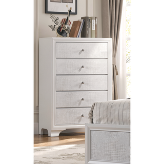 Sunvega Modern Glam White Crocodile Texture Two Drawer Nightstand with Crystal Pulls