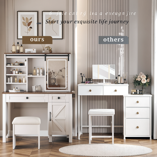 Sunvega Farmhouse Vanity Desk with Sliding LED Mirror Lights and Hairdryer Holder