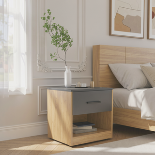 Sunvega Modern Natural Oak and Matt Gray Nightstand with Door and Shelf