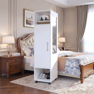 Sunvega Freestanding Wardrobe with Mirror, Shelves, Hanging Rod and Casters for Bedroom
