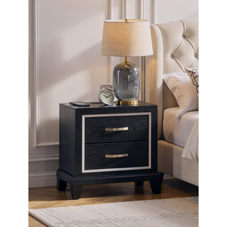 Sunvega Modern Black Nightstand with Two Drawers and Built-In AC USB Outlets