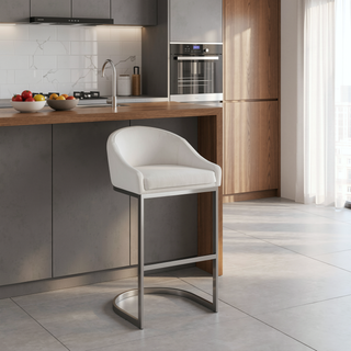Sunvega Brushed Stainless Steel Bar Stool with White Faux Leather Upholstery