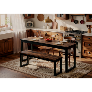 Sunvega Industrial Style 3pc Dining Set with U-Shape Metal Legs and Wooden Top
