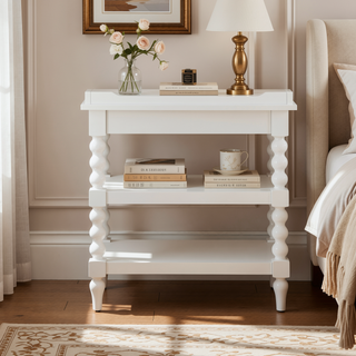 Sunvega Antique White Aria Nightstand with Pull-Out Tray and Vintage Spool Turned Legs
