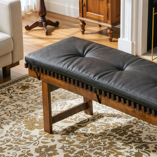Sunvega Black PU Leather Upholstered Lucia Bench with Solid Teak Wood Legs