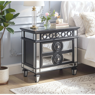 Sunvega Mirrored Nightstand with Black and Silver Finish Geometric Trim