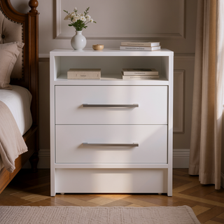 Sunvega Smokey Oak and White Finish Nightstand with Two Drawers and Open Shelf