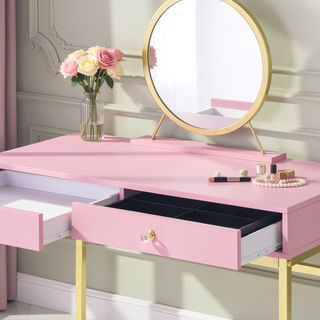 Sunvega White and Gold Vanity Desk with Mirror and Jewelry Storage Tray
