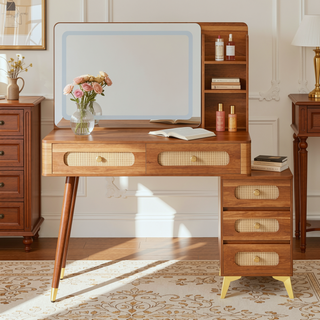 Sunvega Vintage Rattan Makeup Vanity with Mirror Lights and 5 Drawers