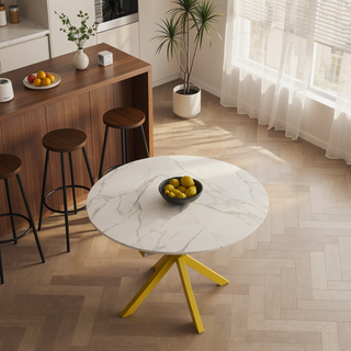 Sunvega Modern Round Dining Table with Marble Top and Adjustable Length