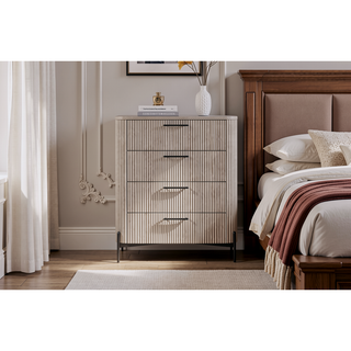 Sunvega Taupe Reeded Front Chest with 4 Storage Drawers and Metal Accent Base