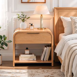 Sunvega Mid-Century Modern Waterfall Nightstand with Drawer and Open Shelf