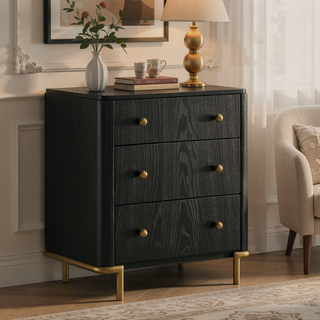 Sunvega Black Nightstand with Three Drawers Gold Accents for Bedroom Storage