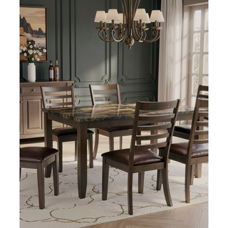 Sunvega Transitional Brown 7pc Dining Set With Faux Marble Top And Leatherette Chairs