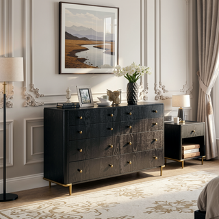 Sunvega Black Wood Grain Dresser with Eight Spacious Drawers and Gold Accents