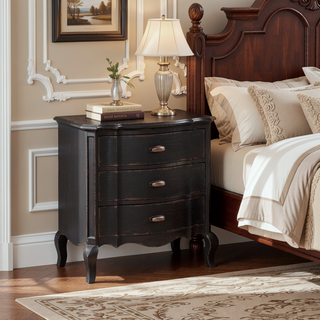 Sunvega Antique Black Finish Nightstand with Three Durable Drawers and Cabriole Legs