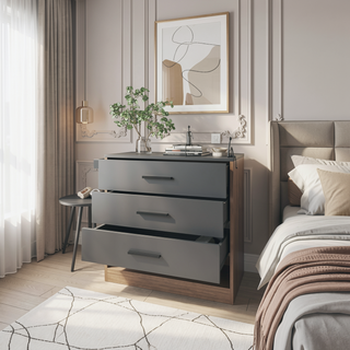 Sunvega Matt Grey and Macadamia Dresser with Three Spacious Drawers and Open Shelf