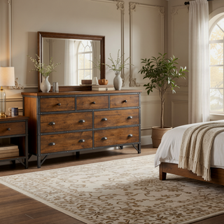 Sunvega 7-Drawer Dresser in Rustic Brown and Gunmetal Finish Wooden Furniture