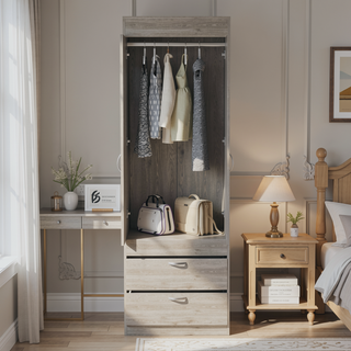 Sunvega Light Gray Armoire with Double Doors Two Drawers and Integrated Hanging Rod
