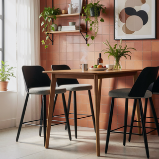 Sunvega Grey Linen Look Fabric Counter Height Stool with Black Brushed Wood Back