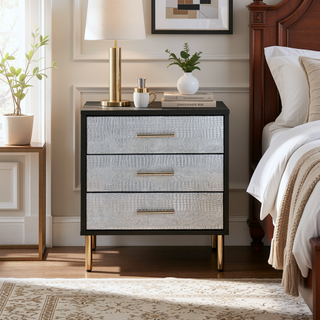 Sunvega Black Silver Gold Nightstand with Three Drawers Crocodile Pattern Fronts