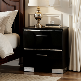 Sunvega Two Drawer Nightstand with USB Charger in Black and Chrome Finish