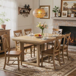 Sunvega Light Brown Contemporary Trestle Table with Leaf for Dining Room