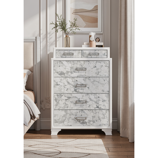 Sunvega Modern White Chest with Marble Accent Drawers and Silver Handles for Bedroom