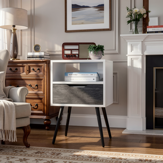 Sunvega Superior Top Nightstand with One Drawer and Open Shelf in Smokey Oak