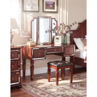 Sunvega Traditional Black Rubber Wood Vanity Set with Tri-Fold Mirror and Tufted Stool