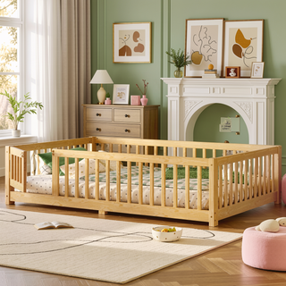 Sunvega Twin Size Floor Bed with Safety Guardrails and Door for Kids in Natural