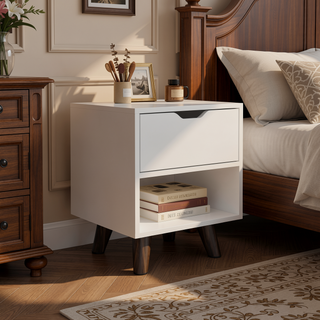 Sunvega Modern Nightstand with Open Shelf and Drawer on Wooden Legs for Bedroom