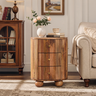 Sunvega Solid Mango Wood 3 Drawer Bedside Table with Oak Finish