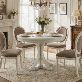 Sunvega Antique Cream Round Dining Table with Solid Wood Veneer Top