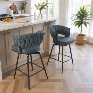 Sunvega Set of 2 Blue Suede Woven Swivel Bar Stools with Golden Legs and Footrest