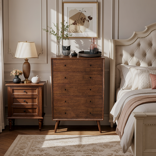 Sunvega Mid Century Modern 5-Drawer Solid Wood Dresser for Bedroom Living Room