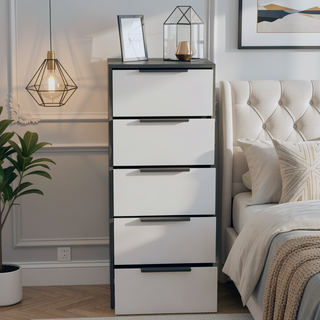 Sunvega 42" High Modern Five Drawer Vertical Dresser in White and Smokey Oak