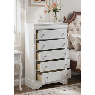 Sunvega Modern Metallic Gray Wood 5-Drawer Chest with Textured Surface and Crystal Knobs