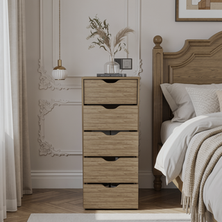 Sunvega White 5 Drawer Tall Dresser with Pull Out System Compact Size