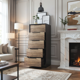 Sunvega White Pine Modern Vertical Five Drawer Dresser for Narrow Spaces