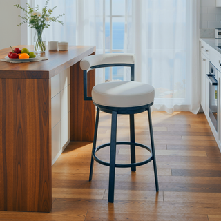 Sunvega Swivel Bar or Counter Stool with White Faux Leather Upholstery in Cloud Finish