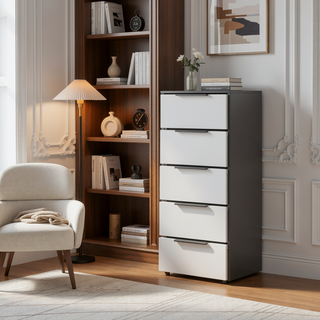 Sunvega Maryland White Pine Finish 5 Drawer Dresser with Metal Handles