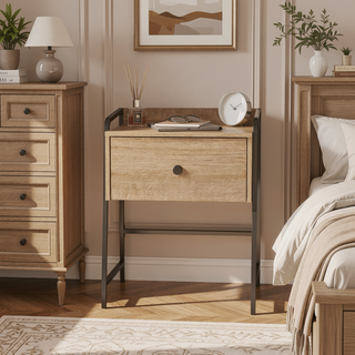 Sunvega Rustic Nightstand with Roomy Drawer and Industrial Metal Frame