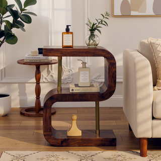 Sunvega Solid Mango Wood Modern Art End Table with 2 Brass Bars