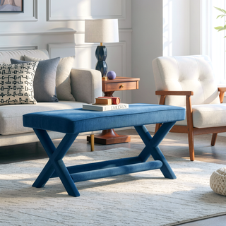 Sunvega Mid-Century Modern Velvet Upholstered Accent Bench with X-Crossed Legs