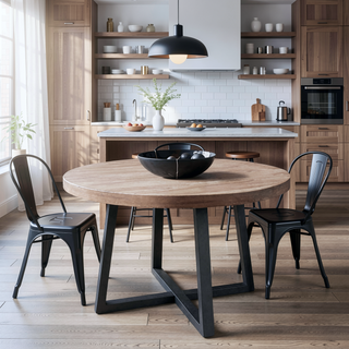 Sunvega Black Wood Finish Round Dining Table with Four Slate Color Legs