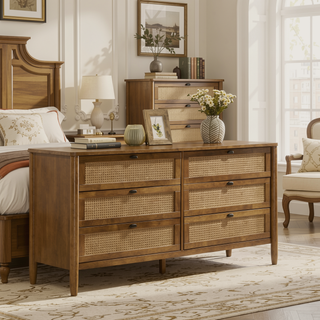Sunvega 6-Drawer Dresser with Rattan Fronts and Solid Wood Frame in Walnut