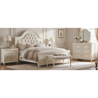 Sunvega Antique White Finish Wooden Nightstand with Two Drawers and Bar Handles