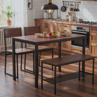 Sunvega Industrial Dining Table Set with Bench and Storage Rack for Kitchen Dinette